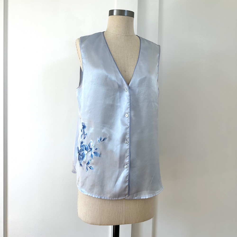 Oscar de la Renta Pink Label Blue Satin Floral Pajama Top Vintage Y2K Sleeveless